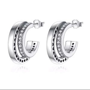 New S925 Sterling Silver Pave Double Hoop Heart Stud Earrings